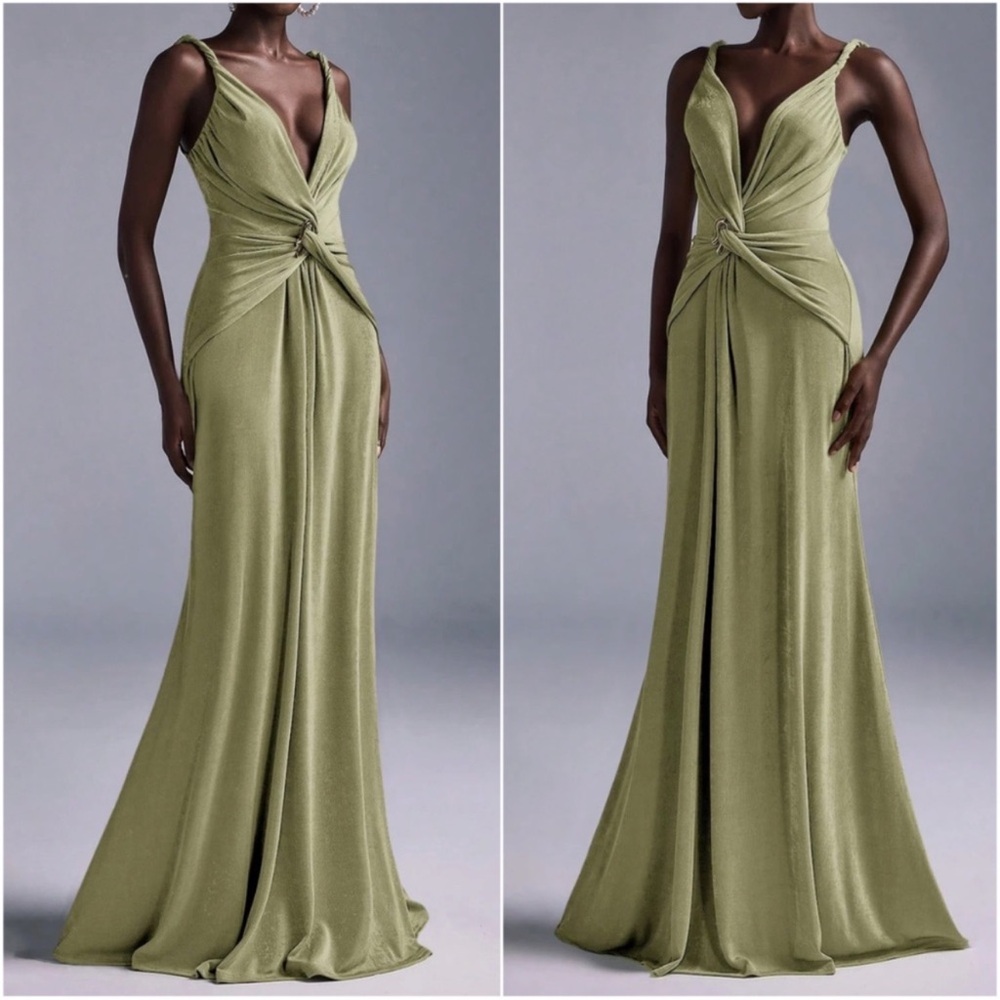 Solid Plunging Neck Twist Detail Party Evening Formal Wedding Dress XS S M L